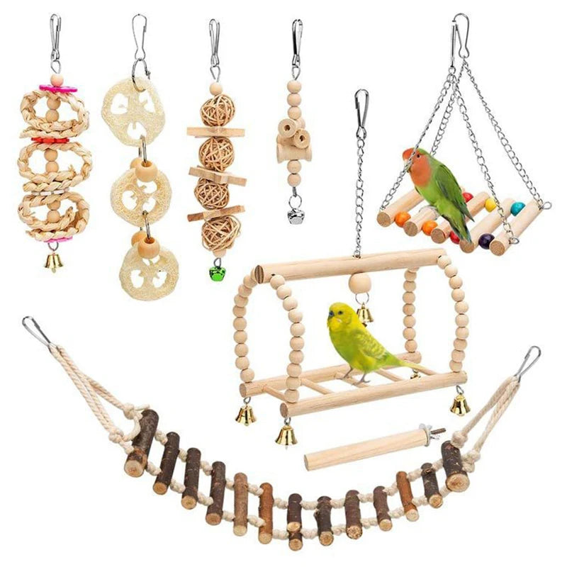 8PCS Set Combination Parrot Bird Wood Toys